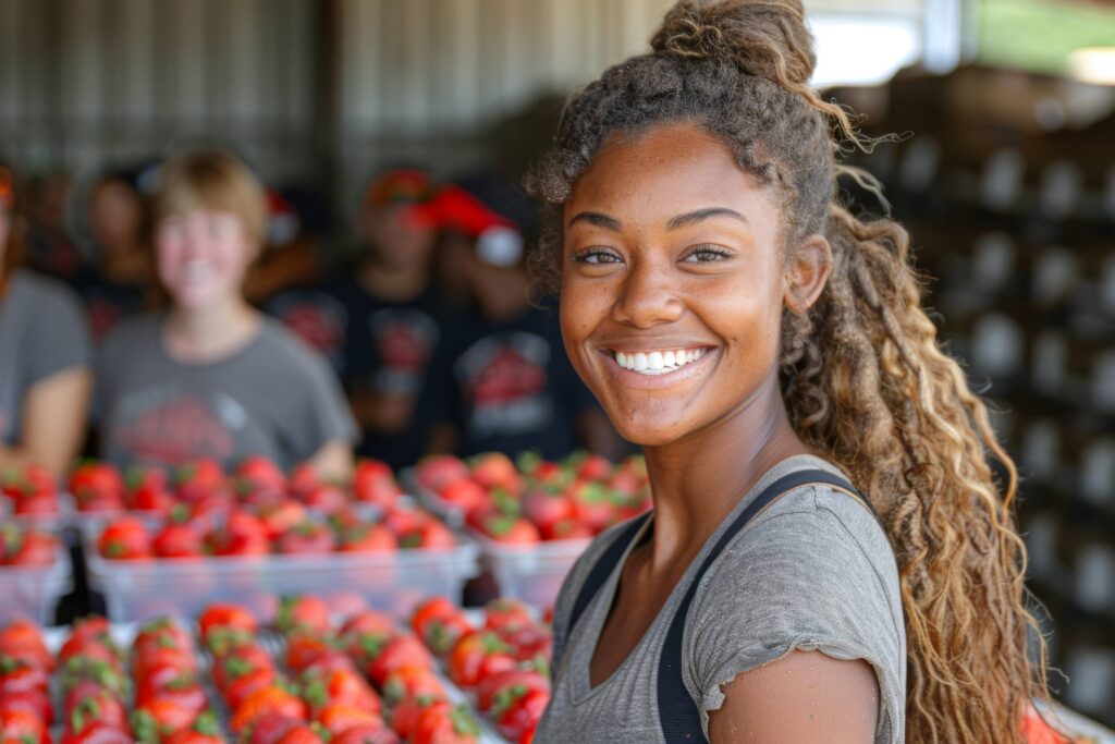 Woman smiling while volunteering in food pantry