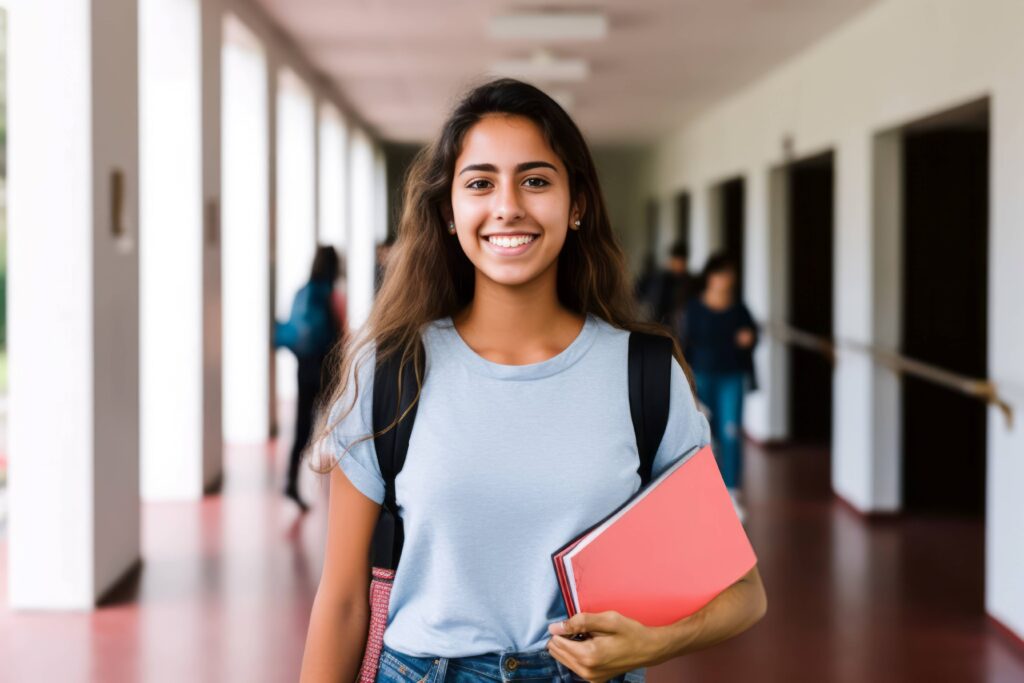 Teen smiling while walking on campus